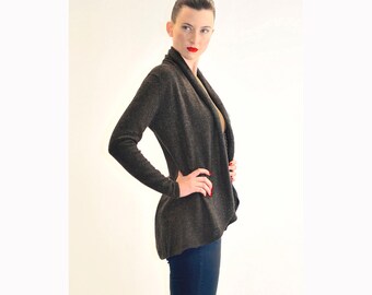 Lovely cashmere cardigan in Charcoal grey, Lightweight fitted jacket for women, Beautiful shawl neck sweater cardigan with lace details