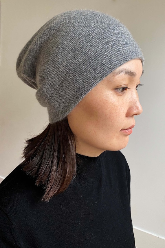 Cashmere Beanie in Mid Grey Knitted Slouchy Winter Hat for Men