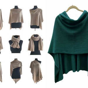 Cashmere Sweater Poncho, Pashmina wedding Bridesmaid shawl, Crochet poncho women in Bottle dark green, One size knitted wool poncho