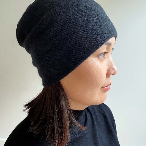 Cashmere beanie in Black, Knitted slouchy winter hat for men and women, Perfect Birthday gift for him or her