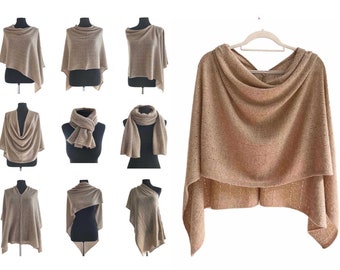 Cashmere Sweater Poncho, Pashmina wedding Bridesmaid shawl, Crochet poncho women in Camel tan, One size knitted wool poncho gifts