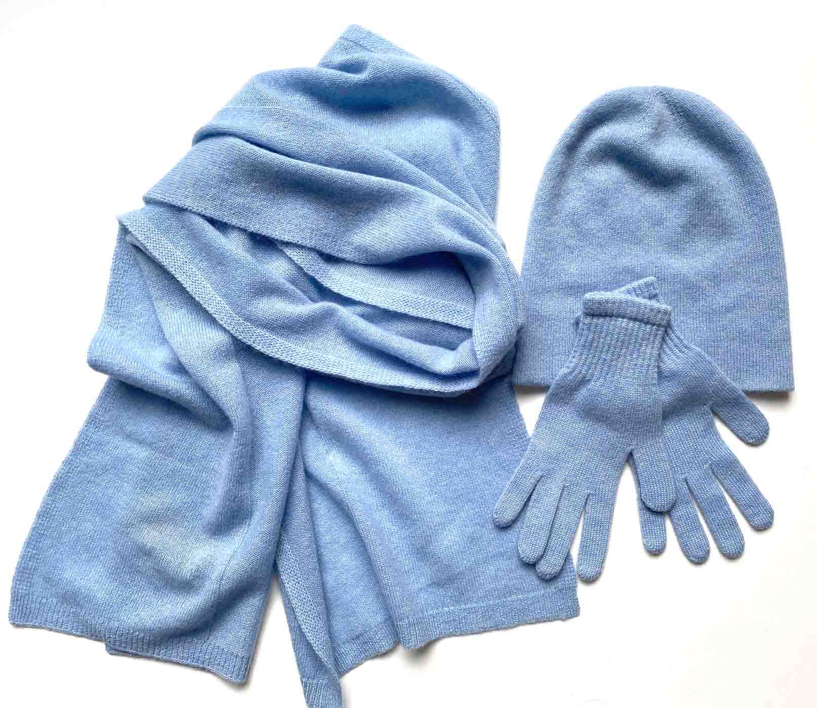 Hat Scarf Gloves Set in Powder Blue, Cashmere Beanie Hat and  display picture 2
