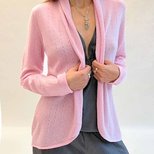 Cashmere cardigan in Pale pink, Lightweight knitted crochet cashmere cardigan for women, Beautiful shawl neck open sweater jacket