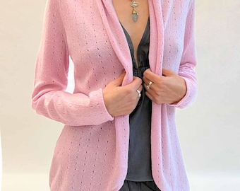 Cashmere cardigan in Pale pink, Lightweight knitted crochet cashmere cardigan for women, Beautiful shawl neck open sweater jacket