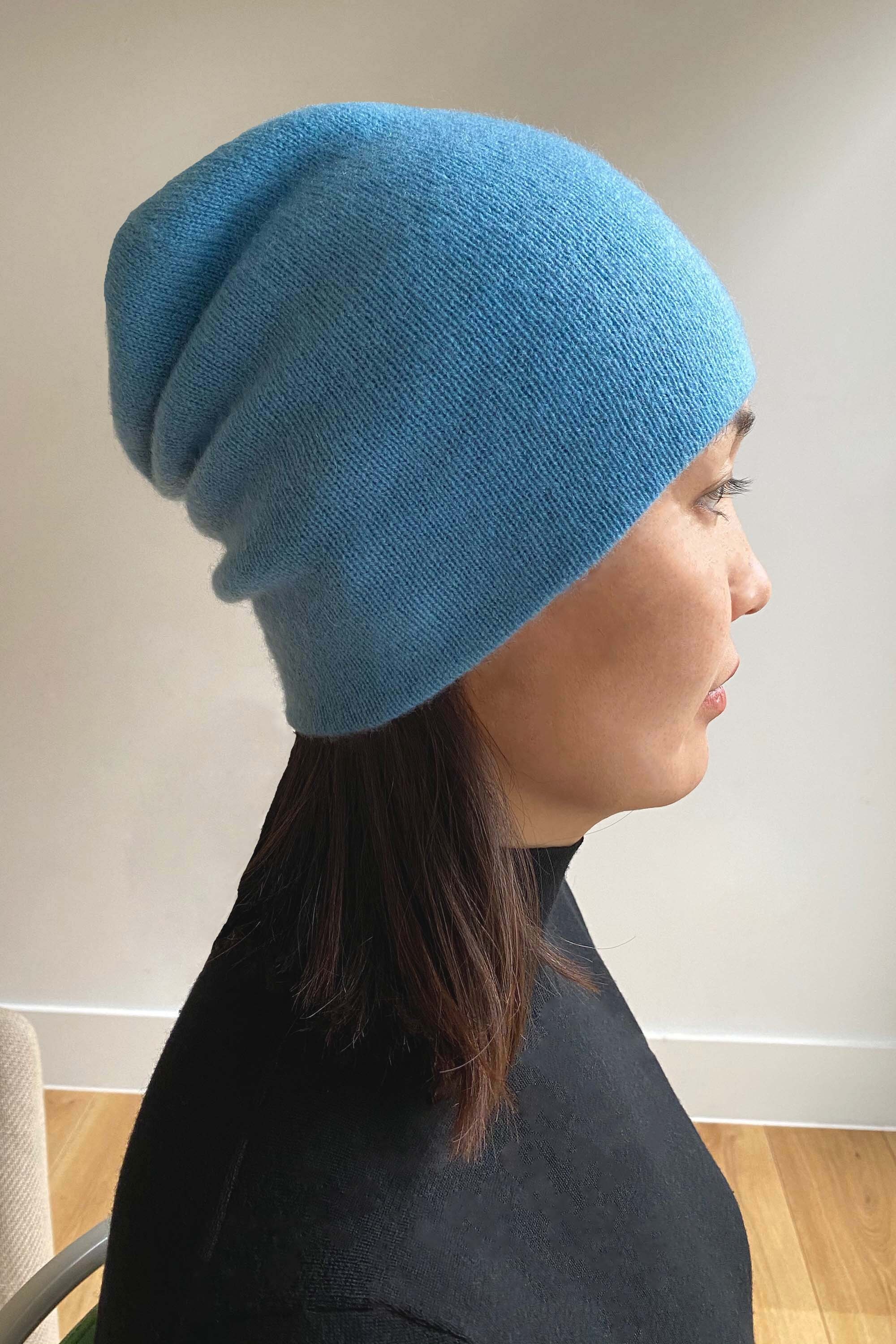Womens cashmere beanie hat in sky blue Etsy