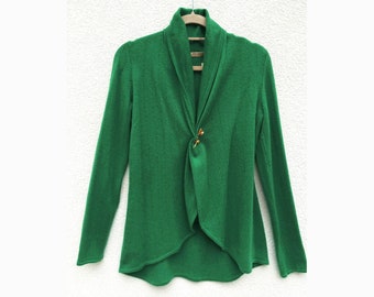 Cashmere cardigan in Jade green, Lightweight knitted crochet cashmere cardigan for women, Beautiful shawl neck open sweater jacket
