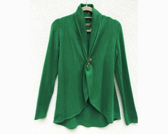 Summer cardigan in Jade green, Lightweight knitted crochet cashmere cardigan for women, Beautiful shawl neck open sweater jacket