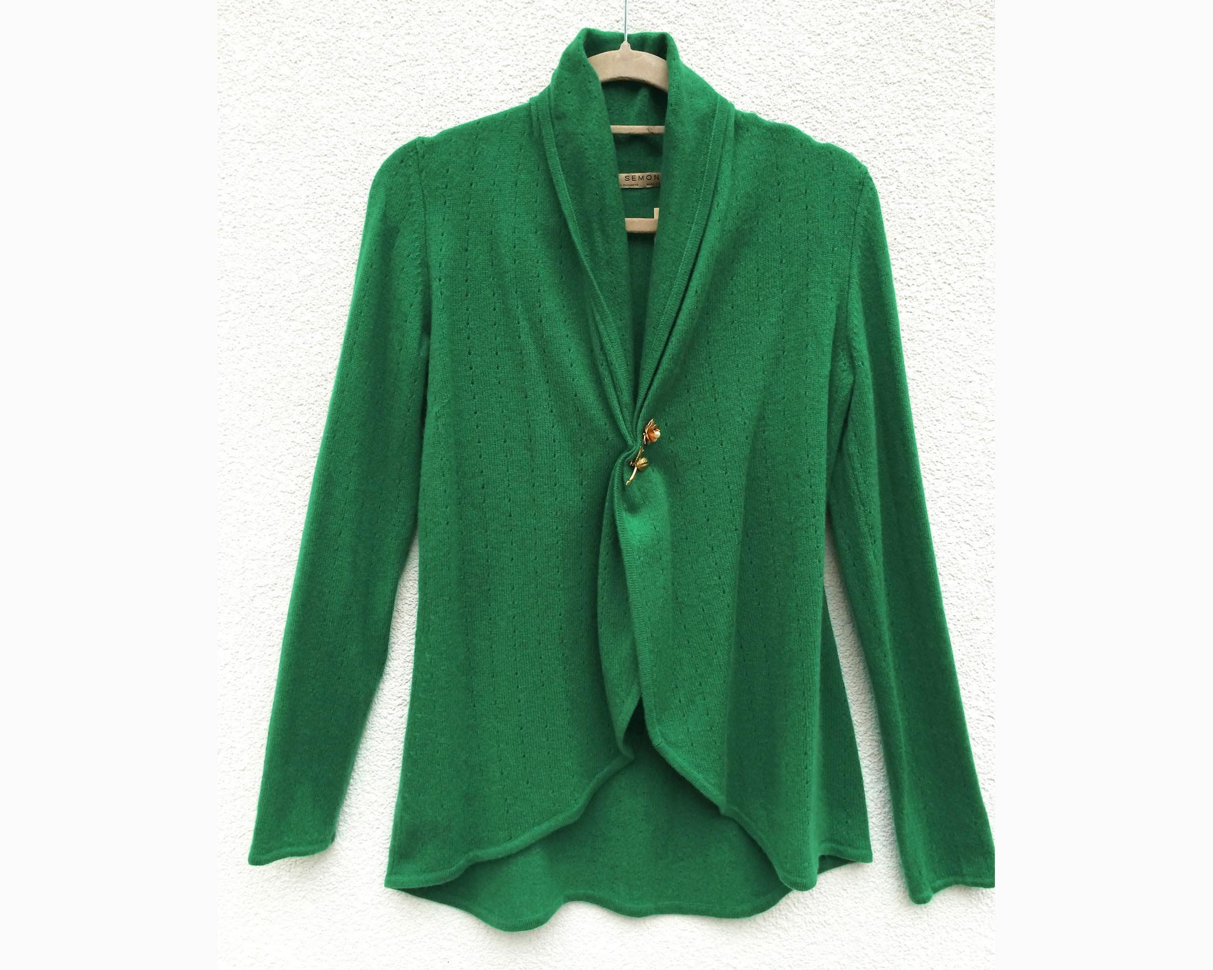 Summer cardigan in Jade green Lightweight knitted crochet cashmere cardigan for women Beautiful shawl neck open sweater jacket