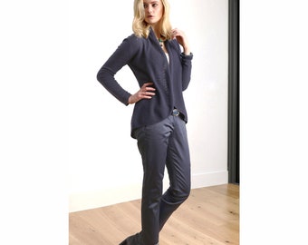 Cashmere cardigan in Navy, Womens pointelle lightweight knitted shawl neck tailored fitted sweater jacket