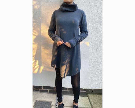 Turtle Neck Cashmere Tunic Dress in Slate Grey A line Pullover Sweater With Attached Gloves Order Custom Sweater in Your Favourite Colour Etsy New Zealand