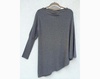 Mittelgrau asymmetrische Pullover Pullover Kleid, asymmetrische Top-Jumper, übergroße Kaschmir Strickpullover, Plus Größe Kleid mit einem Ärmel
