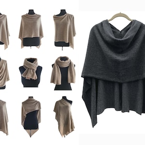 Cashmere Sweater Poncho, Pashmina wedding Bridesmaid shawl, Crochet poncho women in Charcoal grey, One size wool poncho gifts