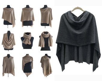 Cashmere Sweater Poncho, Pashmina wedding Bridesmaid shawl, Crochet poncho women in Charcoal grey, One size wool poncho gifts