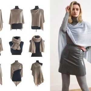 Cashmere sweater poncho, Pashmina wedding bridesmaid shawl, Crochet poncho women in Pale blue, One size knitted wool poncho gifts