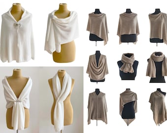 Cashmere Sweater Poncho, Pashmina wedding Bridal shawl, Crochet poncho women in Cream white, One size knitted wool poncho shower gift