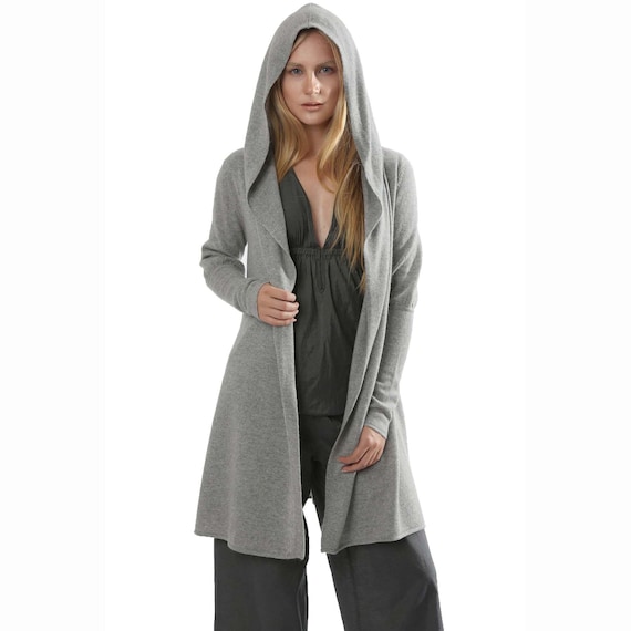 Long Hooded Cardigan Cashmere Hoodie in Silver Grey Cosy - Etsy