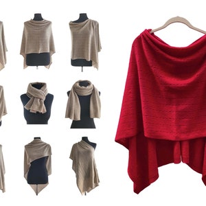 Deep red 100% Pure Cashmere Poncho Crochet Scarf, Womens Poncho Sweater, Mum Birthday Gifts, Poncho Cape, Pashmina Scarf with Buttons