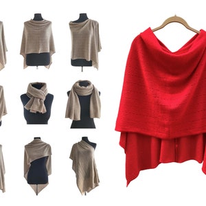 Cashmere Sweater Poncho, Pashmina wedding bridesmaid shawl, Crochet poncho women in Bright red, One size knitted wool poncho gifts