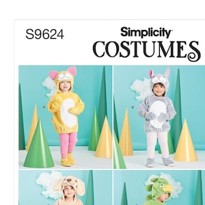 May include: Simplicity Costumes pattern featuring four children's animal costumes: a cat, a bunny, a dog, and a dragon. Each costume includes a matching hat and outfit. The costumes are in yellow, gray, brown, and green. The pattern is designed and printed in the USA.