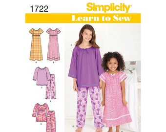 Simplicity 1722 Sewing Pattern Learn-to-Sew Child's & Girls' Loungewear S1722 Size 3-6, 7-14