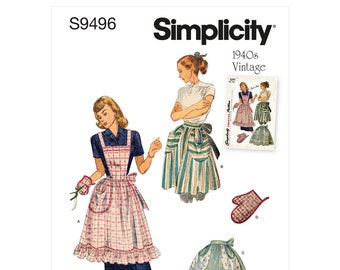 Simplicity Misses' Vintage Apron S9496 - Bib apron, Short with pockets and oven mitt | 9496