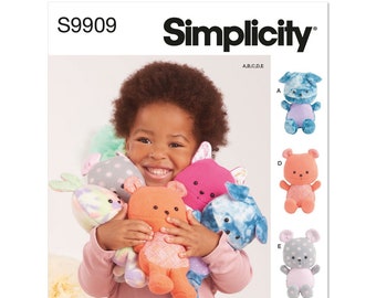 Simplicity R12007 Plush Animal Stuffies | S9909 Puppy, Kitten, Bunny, Bear, Mouse