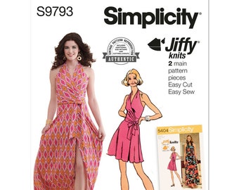 Simplicity S9793, Misses' Knit Front-Wrap Halter-Dress in Two Lengths, R11824, 9793 Sizes 8-16 and 18-26