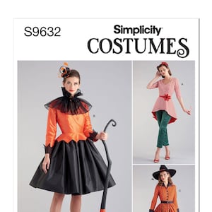 May include: Simplicity Costumes pattern featuring three Halloween costume designs. One costume is an orange and black witch outfit with a broom. Another is a red and white striped top with green pants. The third is an orange dress with black pants.