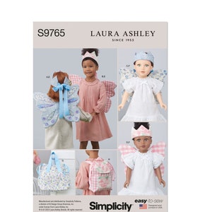 May include: A Simplicity sewing pattern featuring fairy costumes for children and dolls. The pattern includes wings, crowns, dresses, and bags in various designs. The cover displays images of the finished products, with the Laura Ashley logo and the text "easy-to-sew".