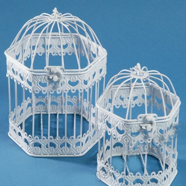 White Bird Cages, Set of 2 White Metal Birdcages, Birdcage with Hearts, Wedding Birdcage