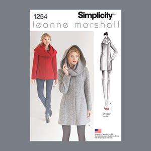 May include: Simplicity sewing pattern 1254 by Leanne Marshall. The pattern features a red coat and a gray coat with a hood. The pattern also includes a fashion illustration of a coat. The pattern is designed and printed in the USA.