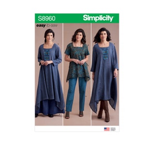 May include: Simplicity sewing pattern S8960 featuring three different women's outfits. The outfits include a long blue dress, a blue patterned top with jeans, and a blue dress with a unique asymmetrical hem. The pattern is labeled "easy-to-sew."
