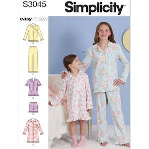 May include: Simplicity sewing pattern S3045 for children's pajamas. The pattern includes options for long-sleeved and short-sleeved tops, pants, and a nightgown. The image shows two girls wearing pajama sets with floral prints.