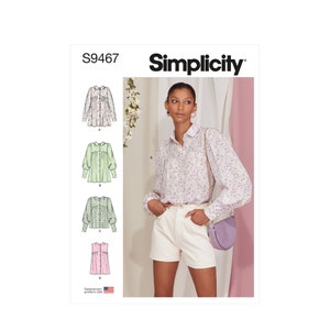 May include: A woman wearing a floral print blouse and white shorts. The blouse has long sleeves and a collared neckline. The image also shows a pattern for different blouse styles, with the text "Simplicity" and "S9467".
