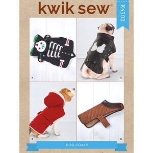 May include: A product catalog page featuring four dog coat designs. The coats include a black skeleton design, a black leather jacket with white wings, a red hooded coat, and a brown quilted coat. The text "kwik sew" and "DOG COATS" are visible.