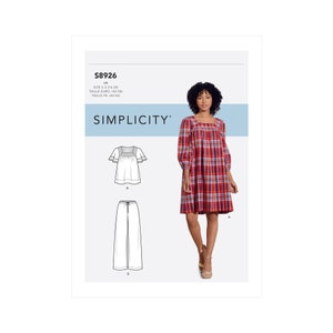 May include: Simplicity sewing pattern S8926. The pattern includes a dress and pants. The dress is a red, blue, and yellow plaid with a square neckline and long sleeves. The pattern also includes a white top and pants.