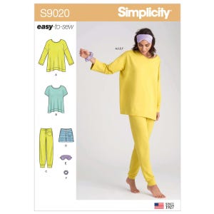 May include: Simplicity sewing pattern S9020 for easy-to-sew sleepwear. The pattern includes options for a long-sleeved top, a short-sleeved top, pants, shorts, an eye mask, and a scrunchie. The model is wearing a yellow sleep set.