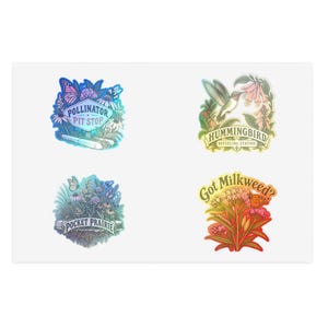 May include: A set of four rectangular stickers featuring nature illustrations. One shows a butterfly and flowers with the text Pollinator Pit Stop. Another depicts a hummingbird and flowers labeled Hummingbird Refueling Station. A third shows plants with the text Pocket Prairie. The fourth features milkweed and a butterfly with the text Got Milkweed?