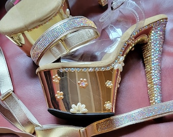pleaser pole dance exotic dancer heels, gold metallic rhinestones custom
