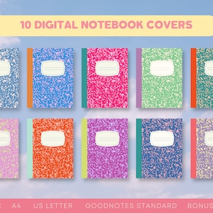 Puede incluir: Diez portadas de cuaderno digital en varios colores, incluyendo azul, rosa, verde, rojo y morado. Cada portada presenta un diseño clásico de cuaderno de composición con un borde blanco y un espacio en blanco para un título. El texto "10 DIGITAL NOTEBOOK COVERS" se muestra en la parte superior de la imagen.