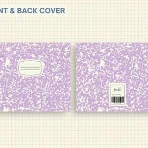 May include: Front and back cover of a purple composition notebook with a white speckled pattern. The front cover has a blank label for a name. The back cover has a label with the text "fisals" and a barcode.