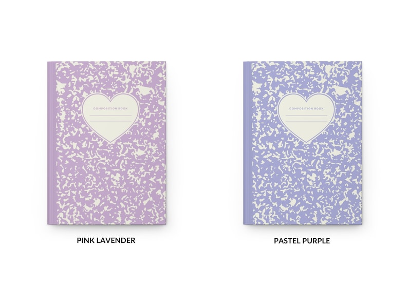May include: Two composition notebooks with a heart-shaped design. The notebook on the left is pink lavender and the notebook on the right is pastel purple. Both notebooks have the text "Composition Book" printed on the front.