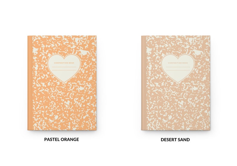 May include: Two composition notebooks with a heart-shaped design on the front cover. The notebook on the left is pastel orange and the notebook on the right is desert sand.