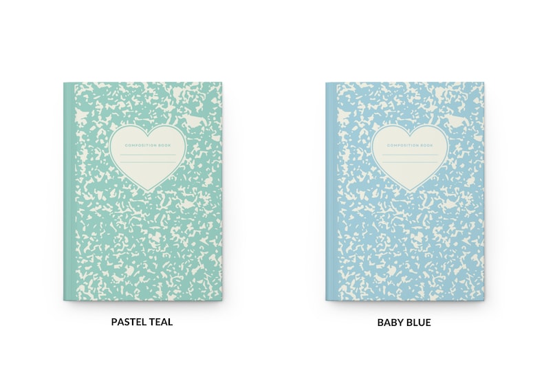 May include: Two composition notebooks with a heart-shaped design on the front. The notebook on the left is pastel teal and the notebook on the right is baby blue.