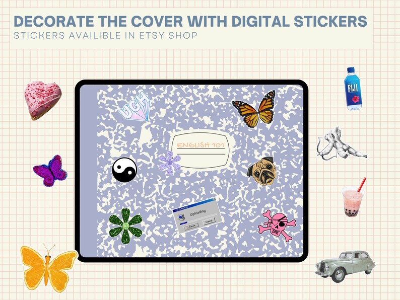 May include: A blue notebook cover with a variety of stickers, including a butterfly, a flower, a yin yang symbol, a pug, a skull and crossbones, a computer error message, and the text "ENGLISH 101".