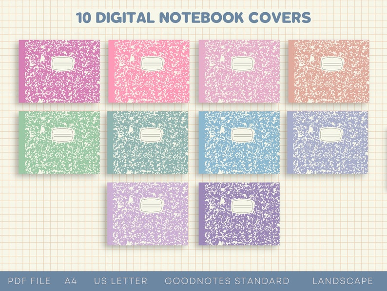 May include: Ten digital notebook covers in various pastel colours with a speckled, vintage notebook paper design. Each cover has a blank white label for a title. The covers are arranged in a grid on a light brown background with a grid pattern.