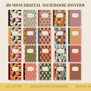 May include: Twenty digital notebook covers in a mid-century modern style. The covers feature geometric patterns in shades of pink, green, yellow, blue, and brown. The covers are labelled "A4", "US Letter", "GoodNotes Standard", and "Bonus Sheets".