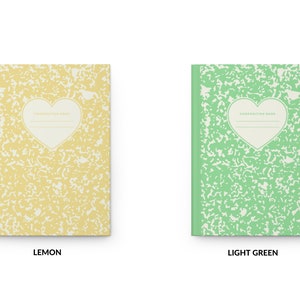 May include: Two composition notebooks with a heart-shaped design. The notebook on the left is lemon yellow and the notebook on the right is light green.