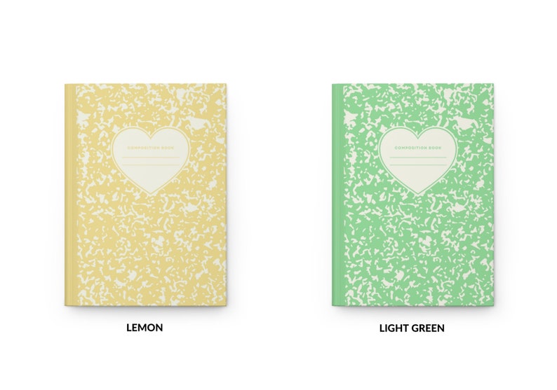 May include: Two composition notebooks with a heart-shaped design. The notebook on the left is lemon yellow and the notebook on the right is light green.