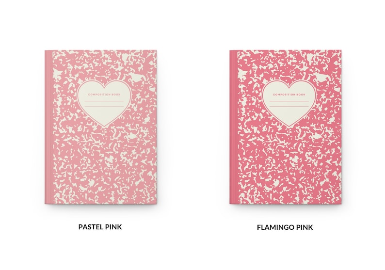 May include: Two composition notebooks with a heart design on the front. The notebook on the left is pastel pink and the notebook on the right is flamingo pink.